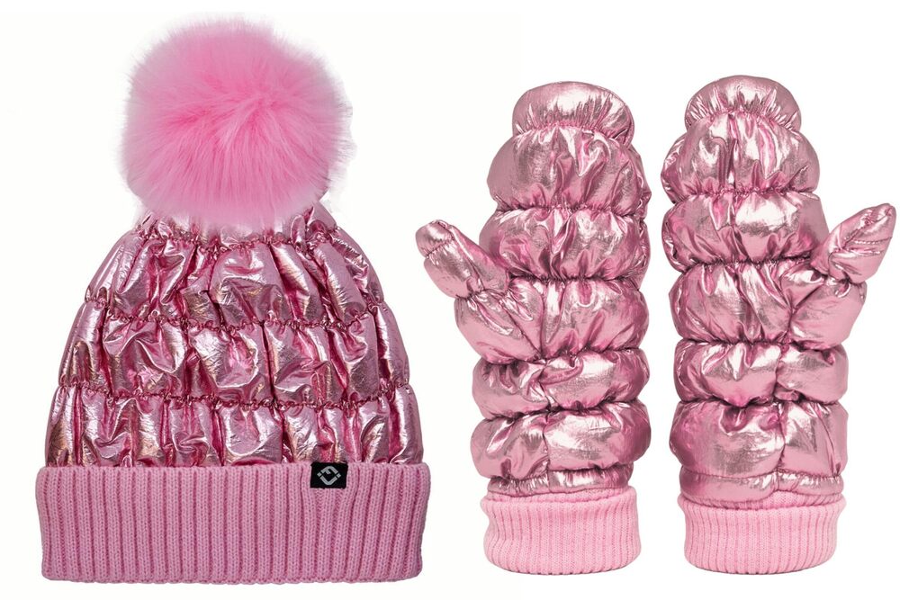 5940 Matching 2 Pack Puffer Faux Fur Pom Pom Beanie & Mittens - Pink